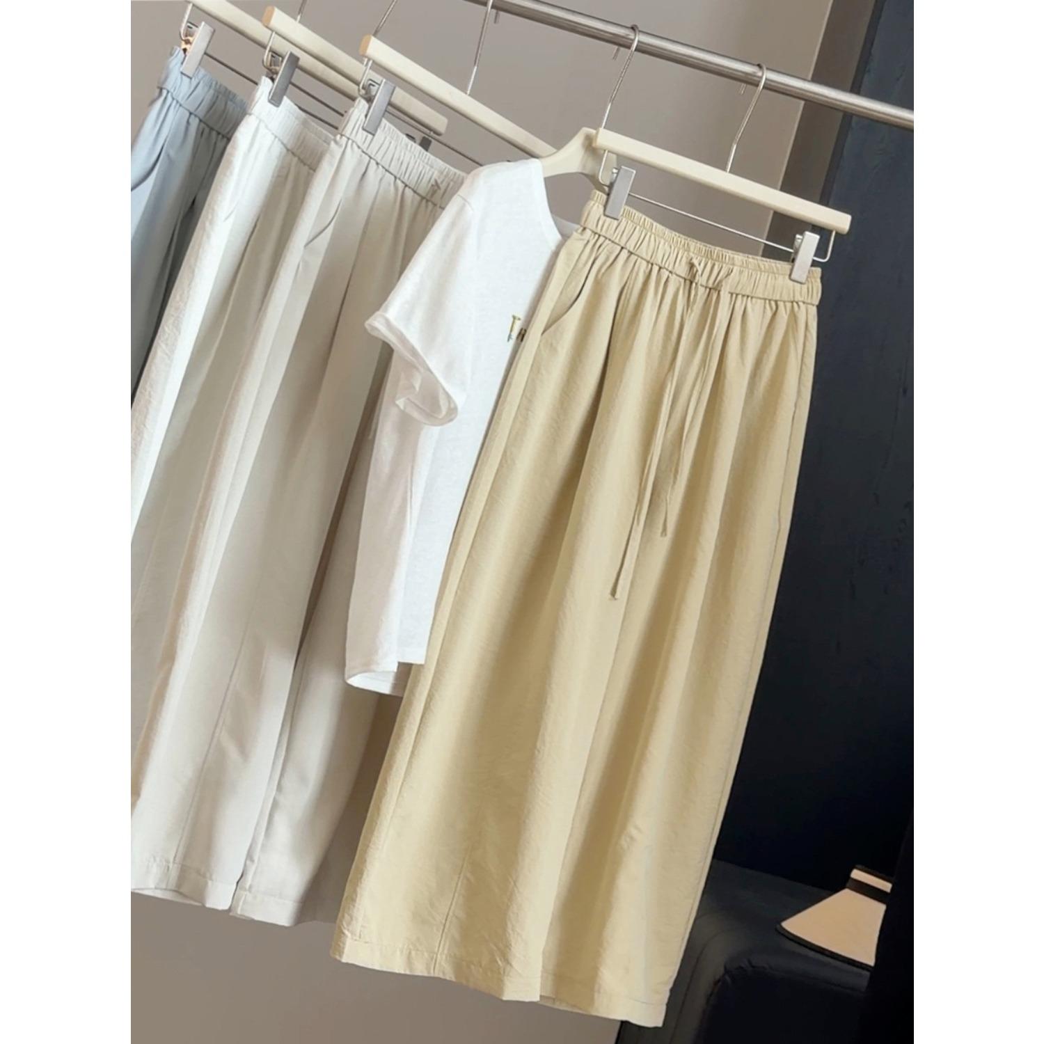 Women s High Waist Wide Leg Pants Loose Fit Casual Summer Cropped Trousers Beige M