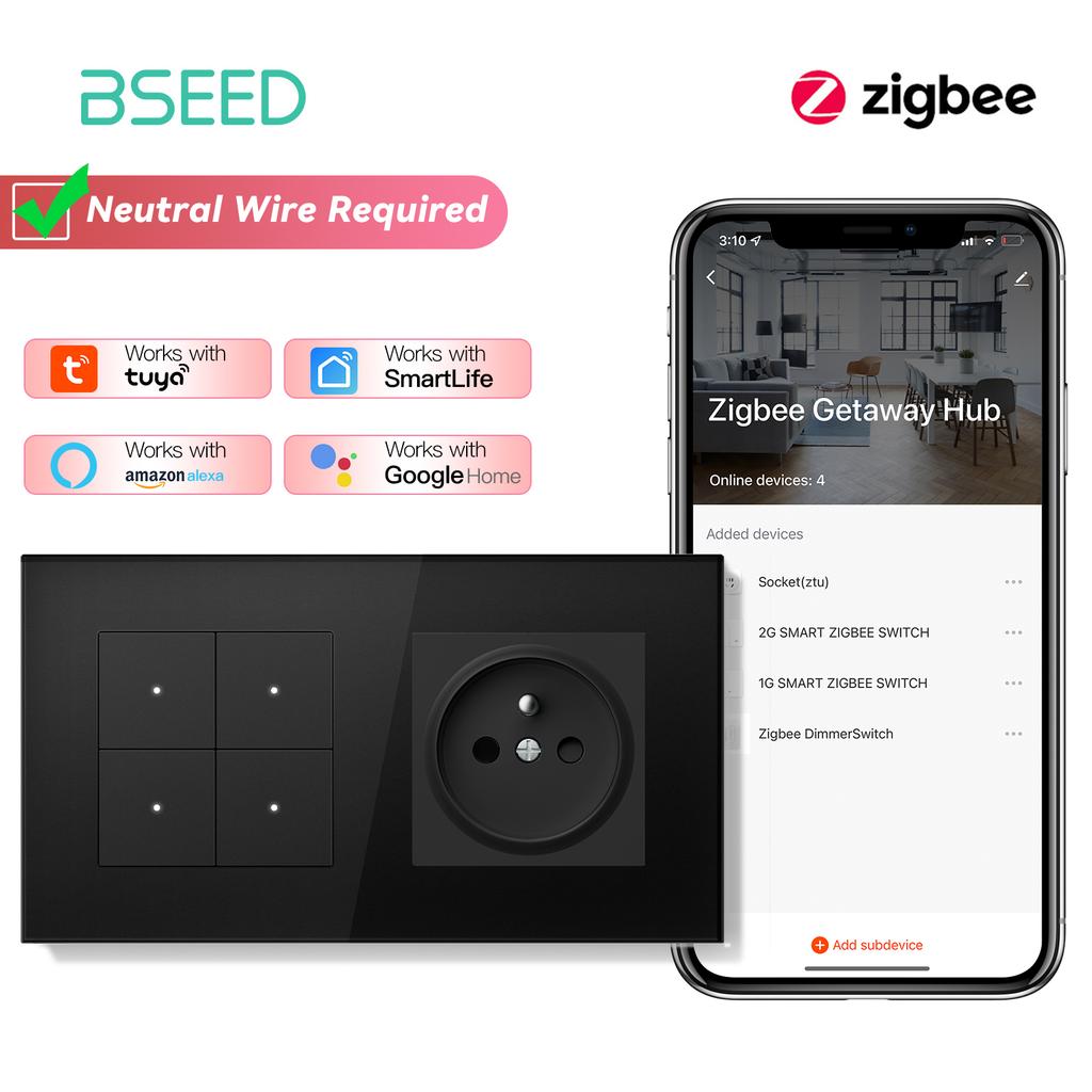 BSEED Zigbee 1/2/3/4Gang Smart Mechanical Button Switches Tuya Alexa Control Plus Normal French Power Socket Plug Glass Panels