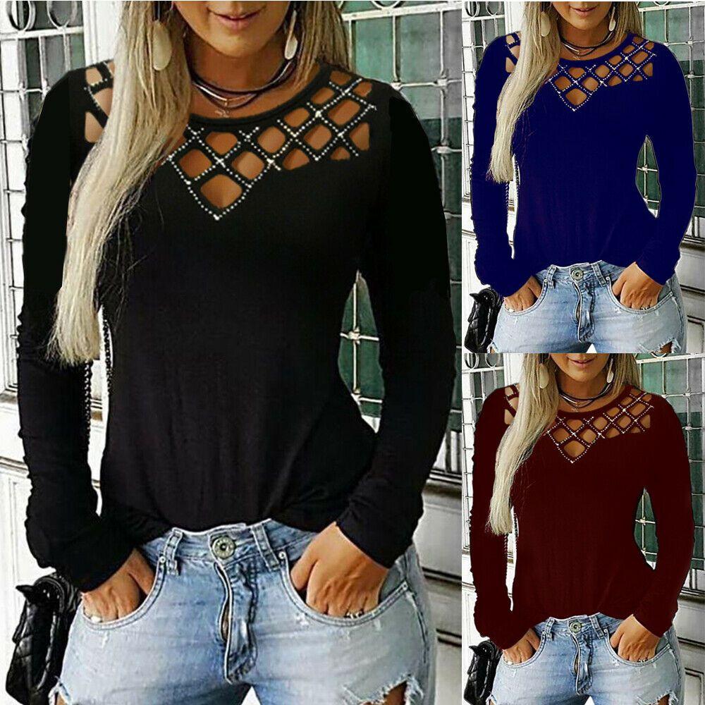 Stylish Women's Hollow Long Sleeve T-shirt For Casual Chic V-neck Pullover Top
