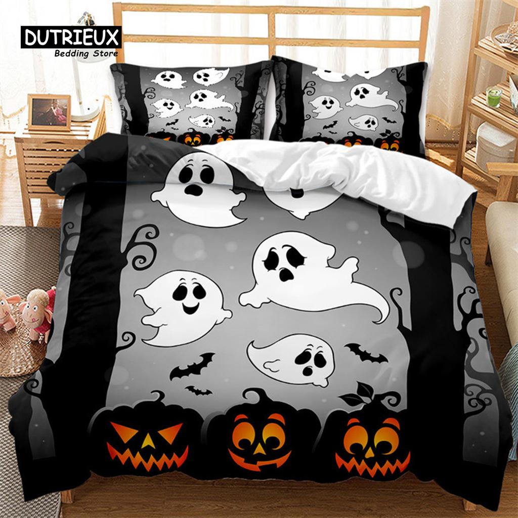 Cartoon Pumpkin Duvet Cover Gothic Halloween Skull Bedding Set Polyester Lantern Ghost Comforter Cover King For Boys Girls Decor