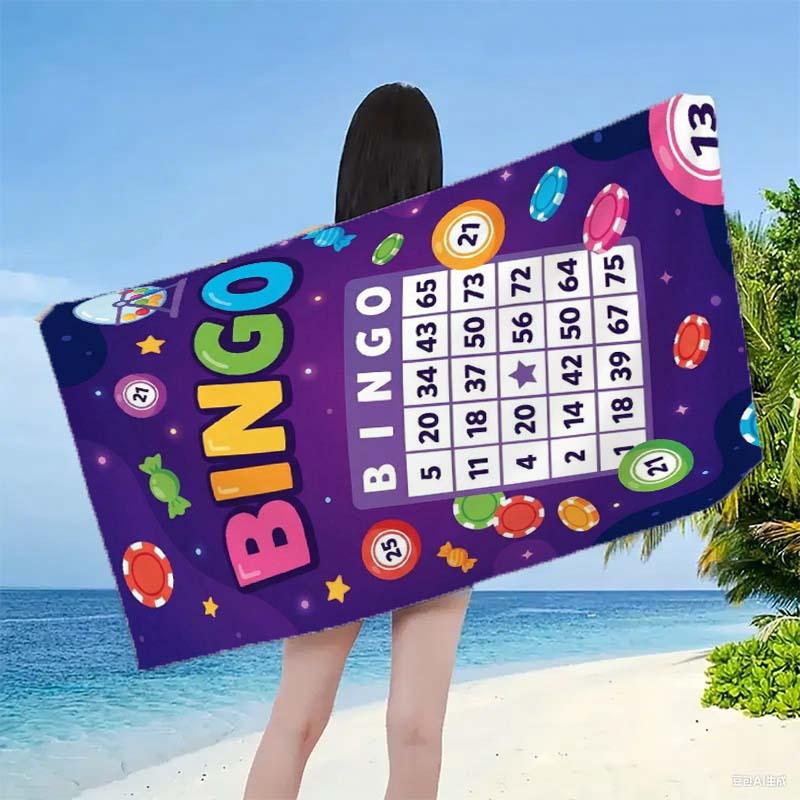Bingo Game Beach Towel - Colorful Number Balls, Candy & Chips, Fun Party Design, Quick Dry, Multiple Sizes