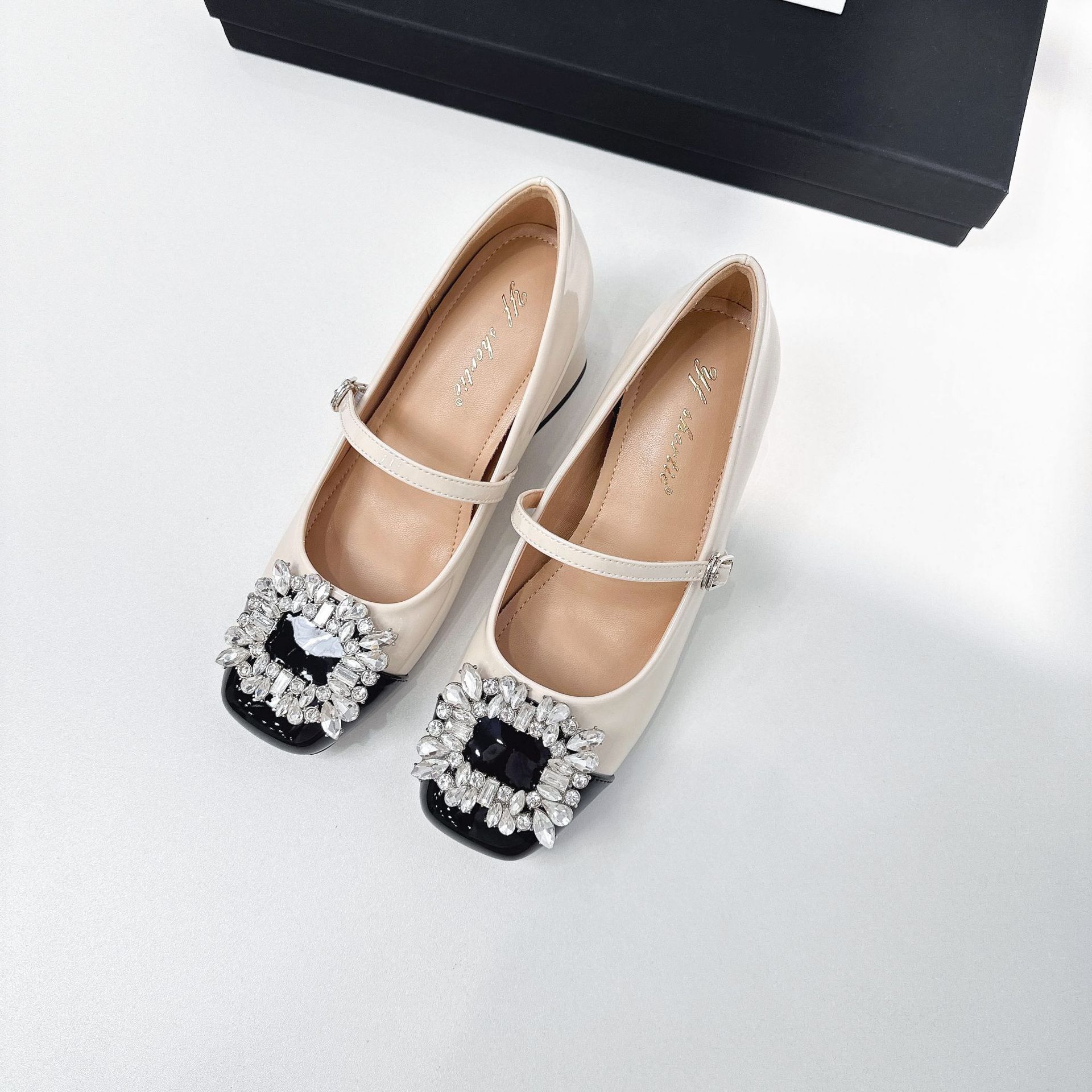 

Sheepskin version~ heightened 7CM rhinestone square buckle thick heel Mary Jane shoes for women s new French color matching square head single s 39 белый