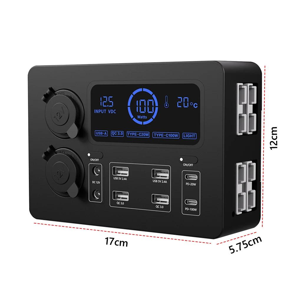 12V 100W Mini Power Box with LED Lights LCD Display Power Box USB-C & QC3.0 Ports Portable Control Hub for RVs SUVs Boats