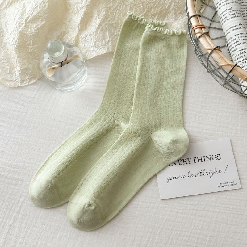 Boneless Socks for Women, Summer Thin Mesh Breathable Pile Socks, Black Fungus Edge Mid-calf Socks, Loose Lace Postpartum Socks for Women
