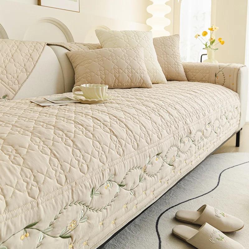 Cotton Washed Embroidered Sofa Pad Non-Slip All-Purpose For Four Seasons Seater Cover Pure Color Gentle On Skin Couch Protector