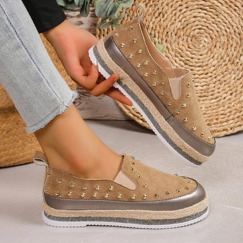 Fashion Fashion Metal Rivets Loafers Shoes for Women 2024 Autumn Crystals Sole Slip On Flats Woman Lightweight Non Slip Walking Shoes