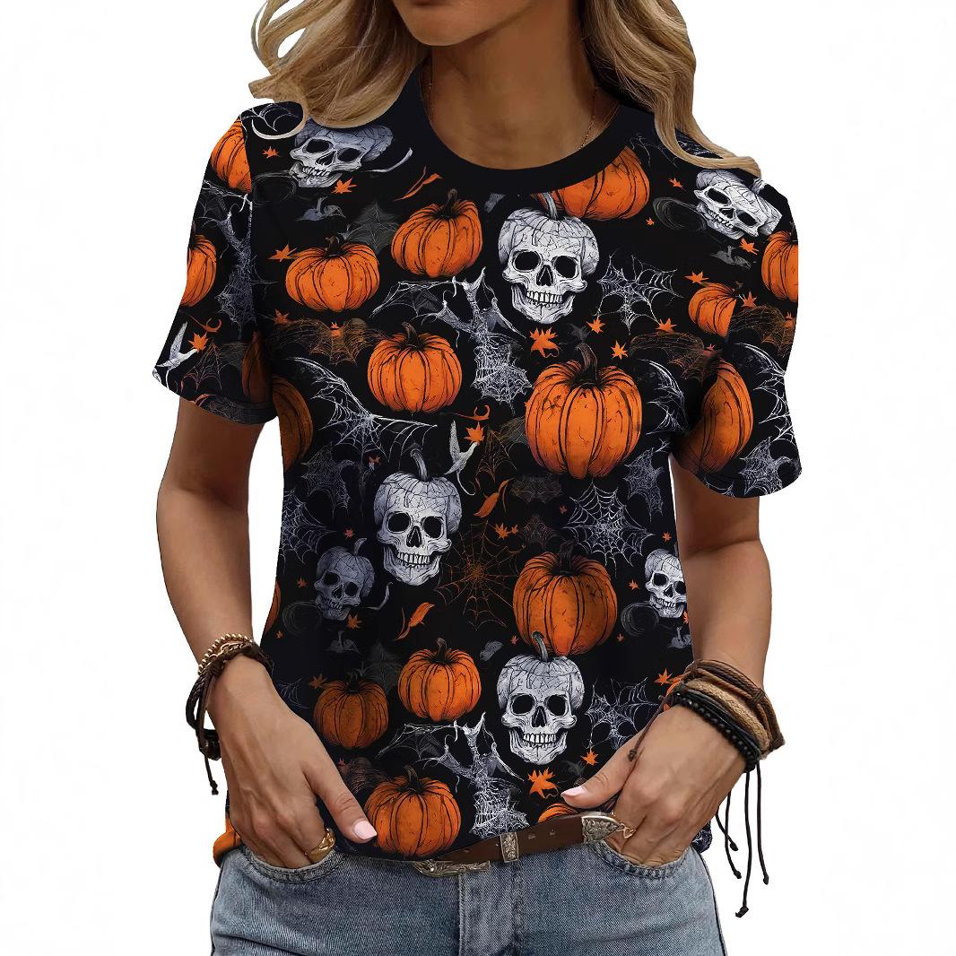 

Summer Round Neck 3D Kull Print Top Fashionable Casual Short Sleeved Women s T-shirts XS