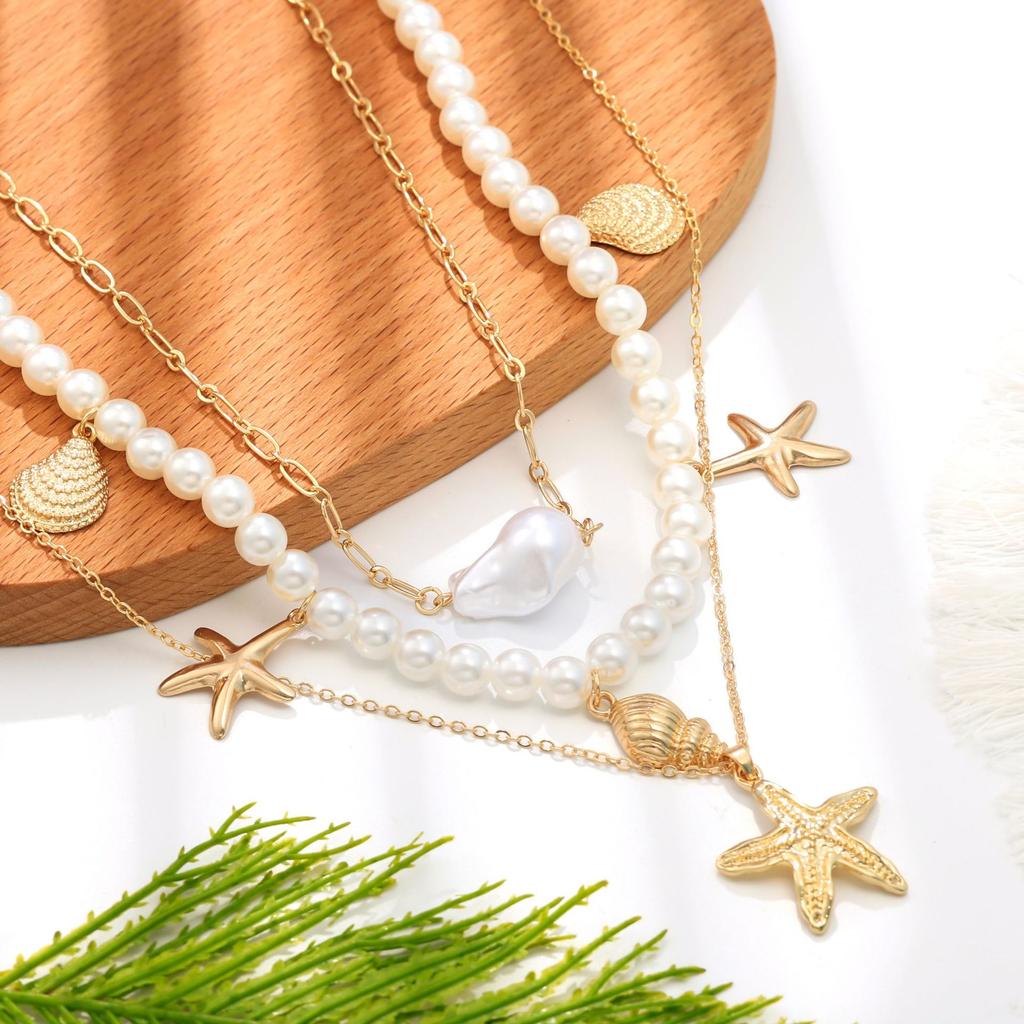 Summer ocean vacation starfish shell conch pearl multi-layer necklace fashionable exaggerated multi-layer necklace