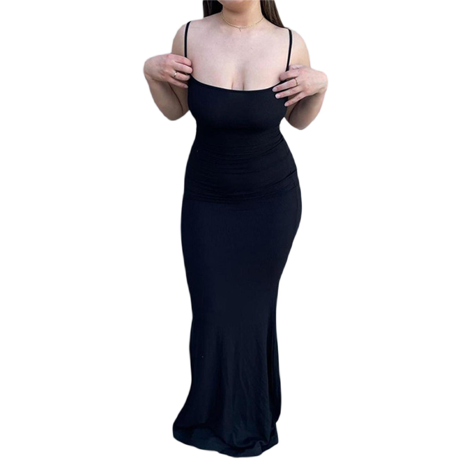 

Женское однотонное платье-майка без рукавов на тонких бретельках, длинное облегающее платье, летнее вечернее платье M чёрный