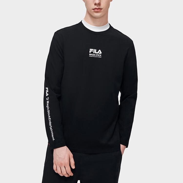 Fila Logo Letter Print Crew Neck Pullover Casual Knit American Vintage Long Sleeve T-Shirt Men Tops Black F11M319218F-BK
