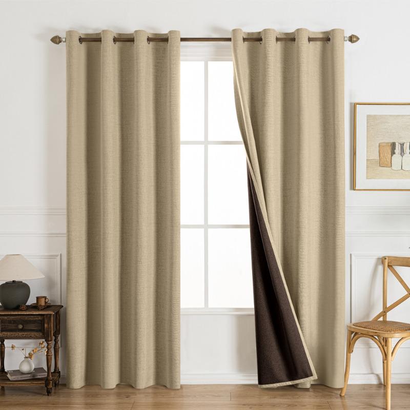 Solid Color Linen Texture Blackout Curtain with Black High Precision Thermal Insulated Sun Blocking Hotel Home Homestay Decor