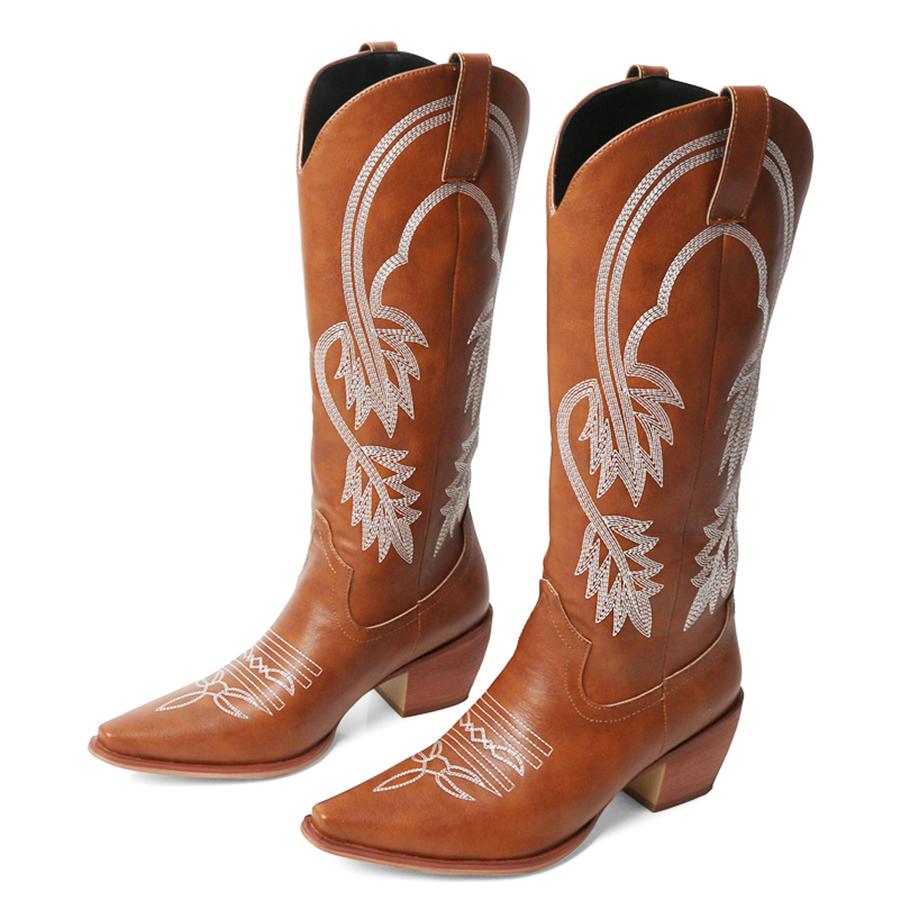 

FOREADA Женские ковбойские сапоги до колена, с острым носком, на массивном высоком каблуке, с вышивкой, в стиле вестерн, сапоги гого, женская модная обувь, зима, красные 39 коричневый