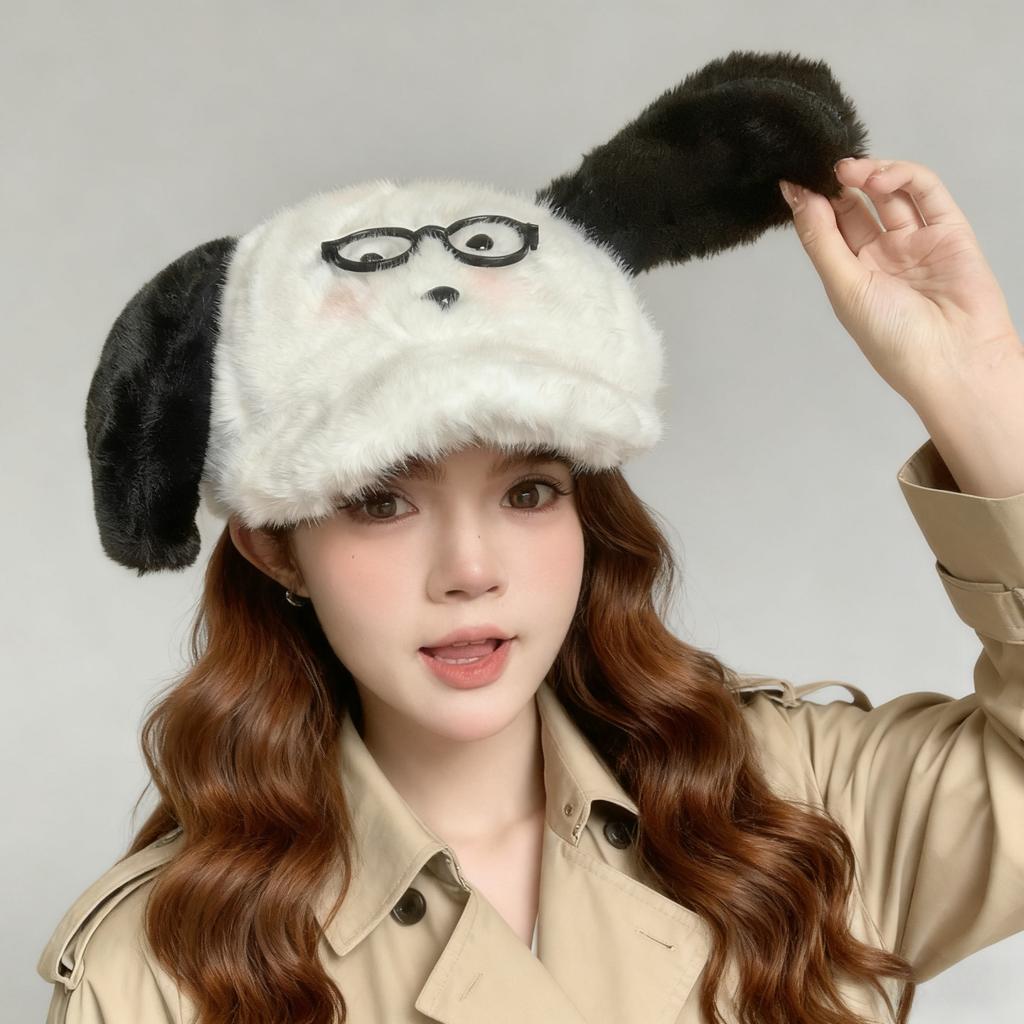 Hat cute puppy ears peaked cap female winter warm cycling plush baseball cap wide brim big face showing small face