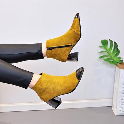Women Shoes Square Spring Autumn Fleece Heel Black Yellow Red Boots Point Toe 6cm Ankle  Shoes Female Lady Fashion785