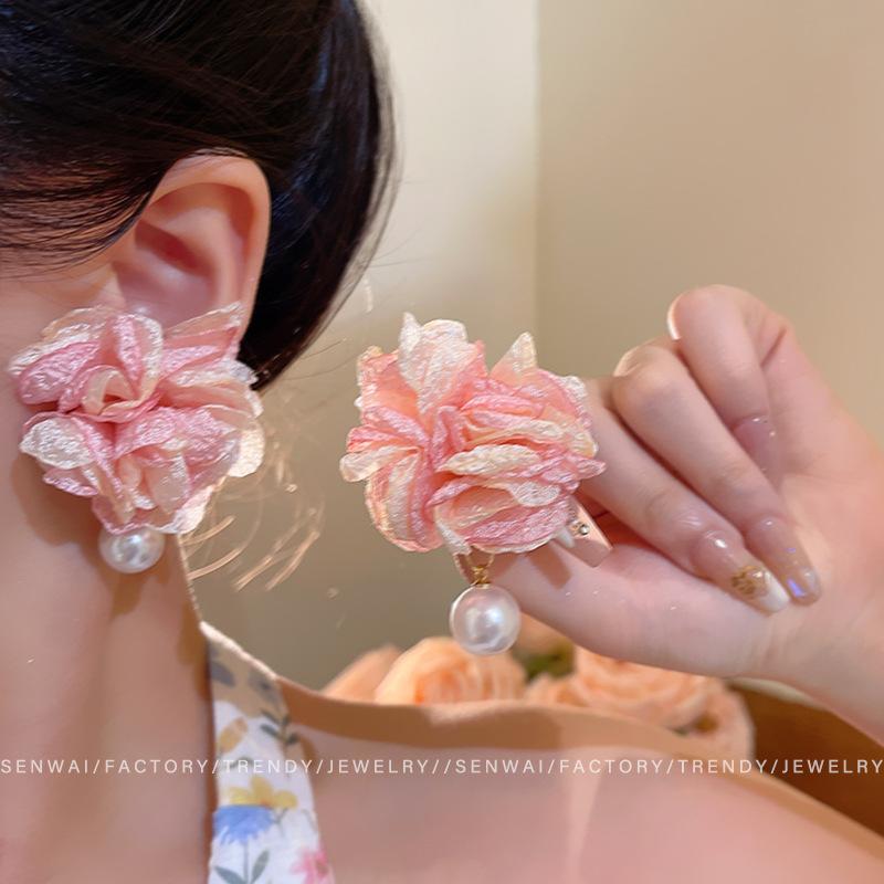 French Pink Rose Pearl Earrings Femininity Stud Earrings Sweet Design Ear Accessories