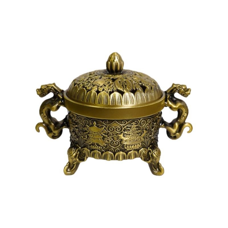 Antique Double Dragon Eight Treasure Auspicious Incense Burner Three-legged Censer Home Decoration Ornaments Religious Supplies