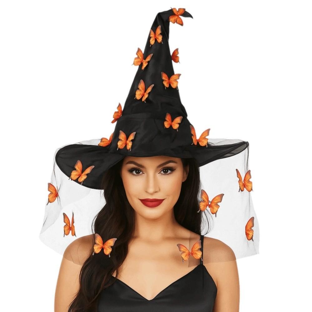 Funny Butterfly Wizard Cap Colorful Halloween Cap with Veil Halloween Witch Hat  Masquerade