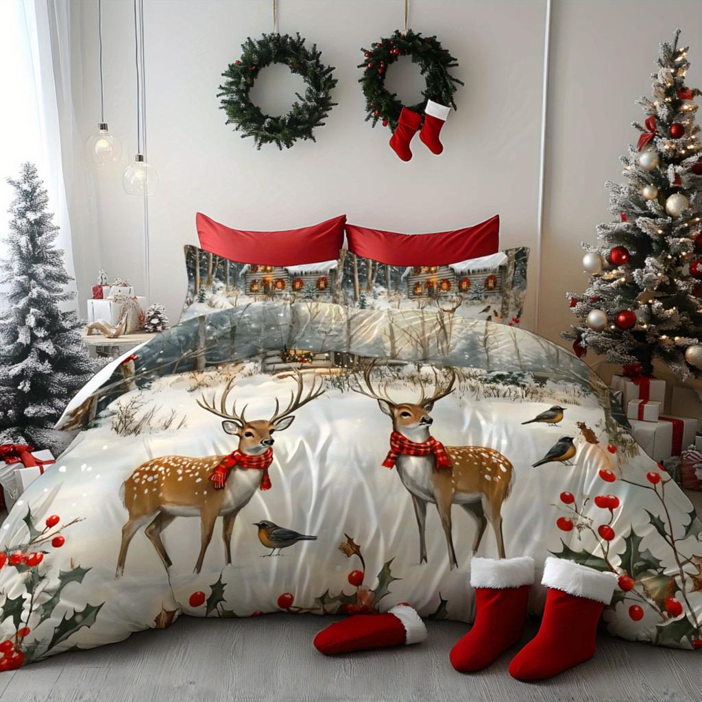 Christmas Santa Claus Sleigh Reindeer Snowman Snowflake Gift Pattern Soft Digital Printing Quilt Cover Kit Bedding