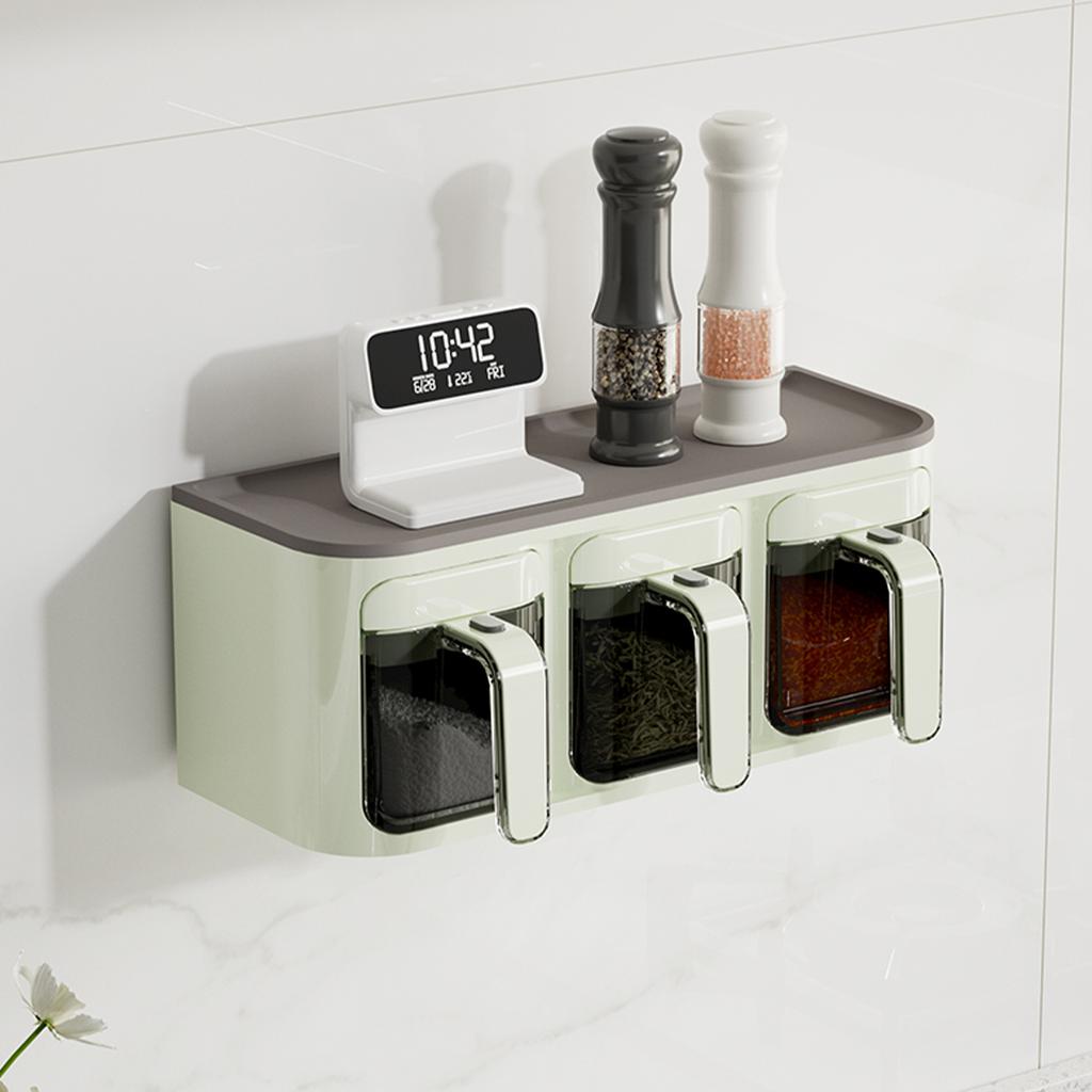 WMMO Wall Mount Seasoning Organizer Box Set of 3 Salt Best Shaker Spice Rack Compartment Storage Box Sugar Container Jar With Spoons for Home