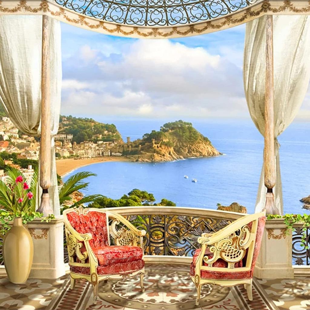 Seaside Castle Town 3D Seascape Balcony Garden Photo Wallpaper Mural, Removable 3D Wall Murals for Room Background and Wall Art Decaoration