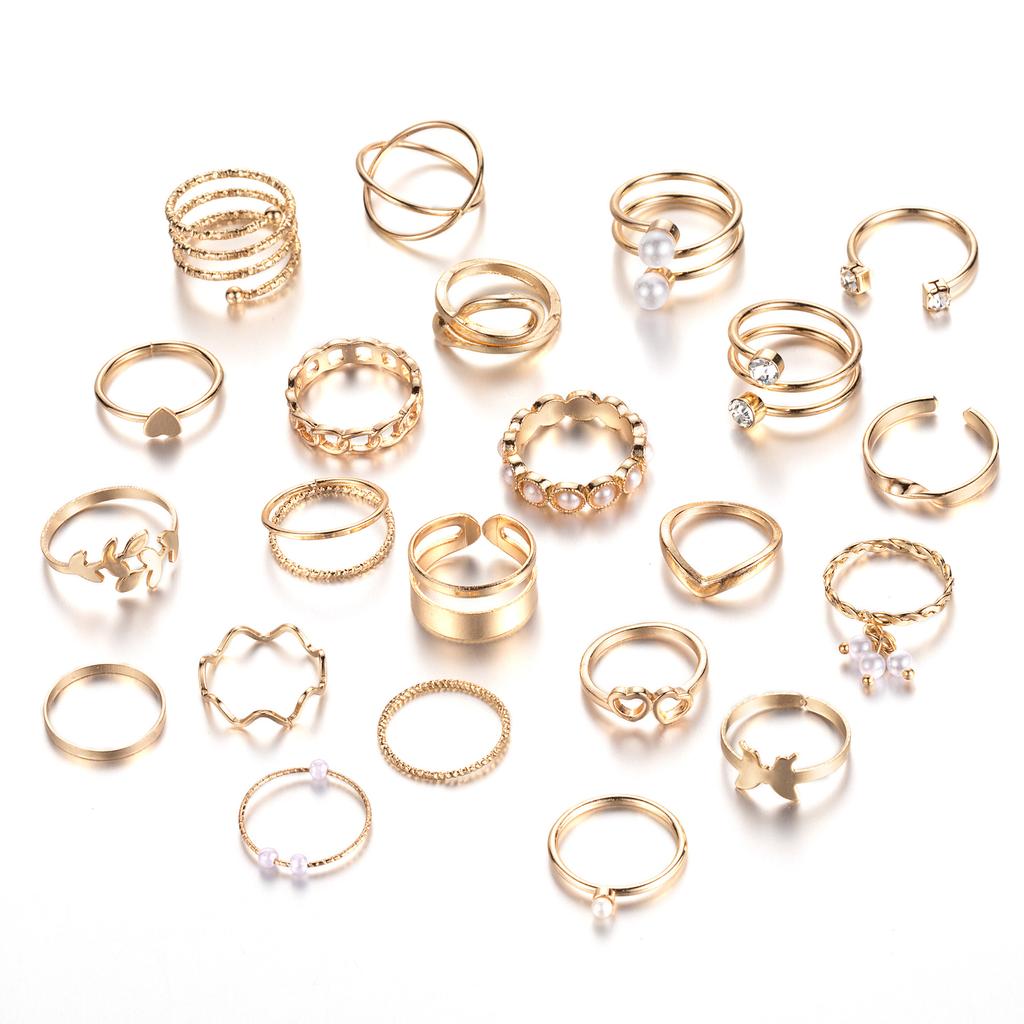Fashion Gold Pearl Butterfly Love Chain Dot Diamond Multi-Layer Cross 22-Piece Set Ring
