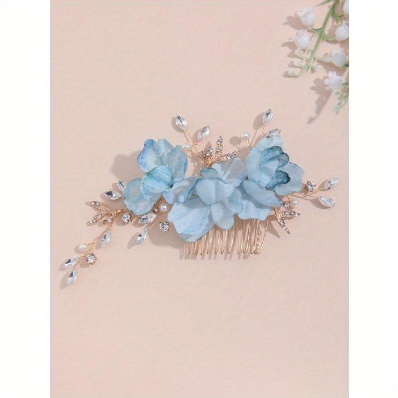 

1 шт. Женский гребень для волос с градиентным шелковым цветком, золотистой металлической листвой и стразами, энергичное кантри, свадебное украшение для головы, подходит для повседневной носки, для вечеринки one-size baby голубой