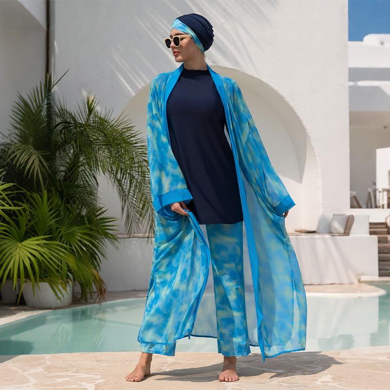 Modest Plus Size Muslim Swimwear Set Women Long Sleeve Rash Guard Wide-Leg Pants Hijab Cover-Up