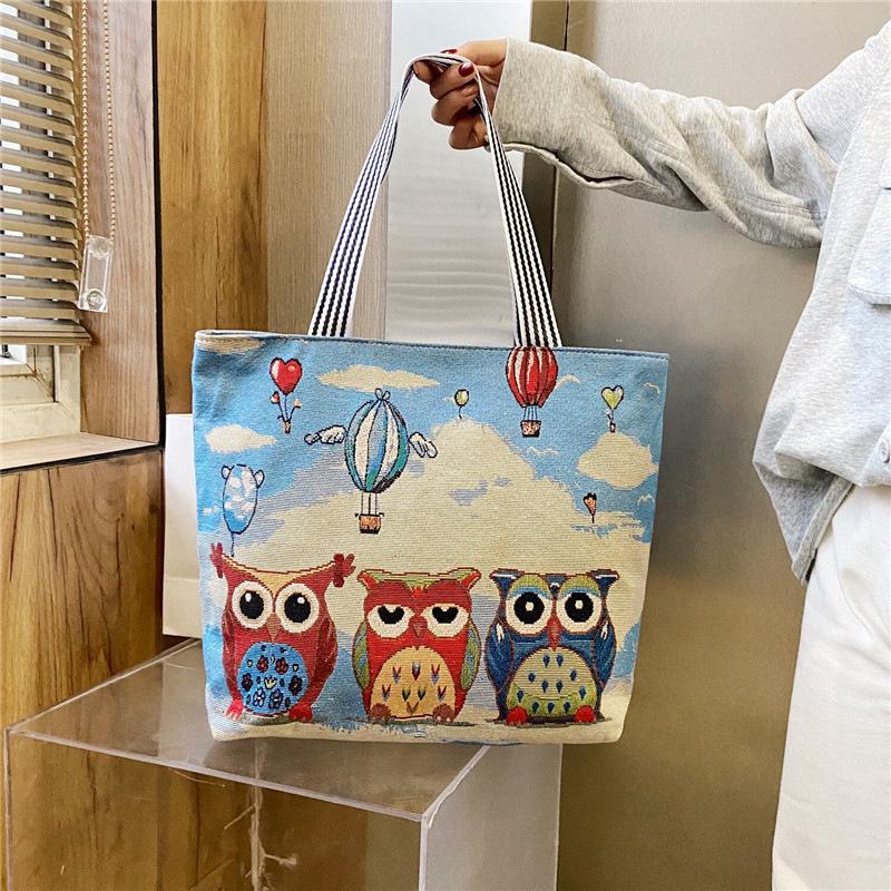 Female Jacquard Cloth Bag Handheld Large Bag Owl Embroidery Large Capacity Folding Shopping Bag Mommy Bag