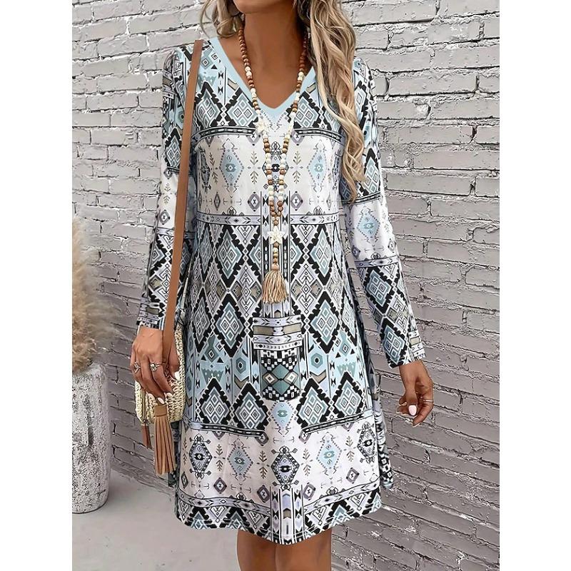 DAFIFY Women's Fashion Spring Fall Colour Block Print Long Sleeve V-Neck Loose Waistline Casual Dresses