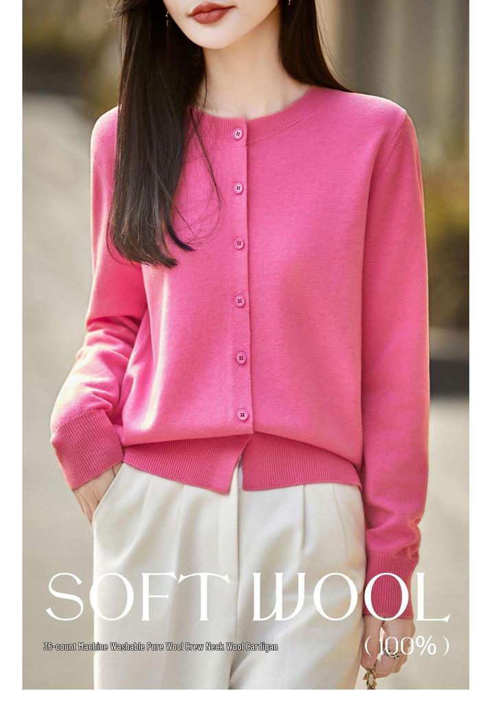 Chic Women's 100% Wool Cardigan: Round Neck, Button-Up, Slimming, Versatile for Autumn/Winter 2026