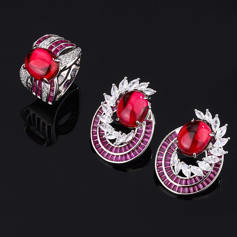 Schmuckset 925 Reinsilber Nadel Ohrringe Ring Imitation Roter Korund Zweiteiliges Set Ring Ohrringe Frauen