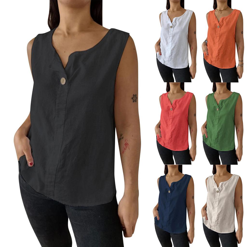Women's Fashion Loose-Fit V-Neck Cotton-Linen Blend Sleeveless Button-Up Top