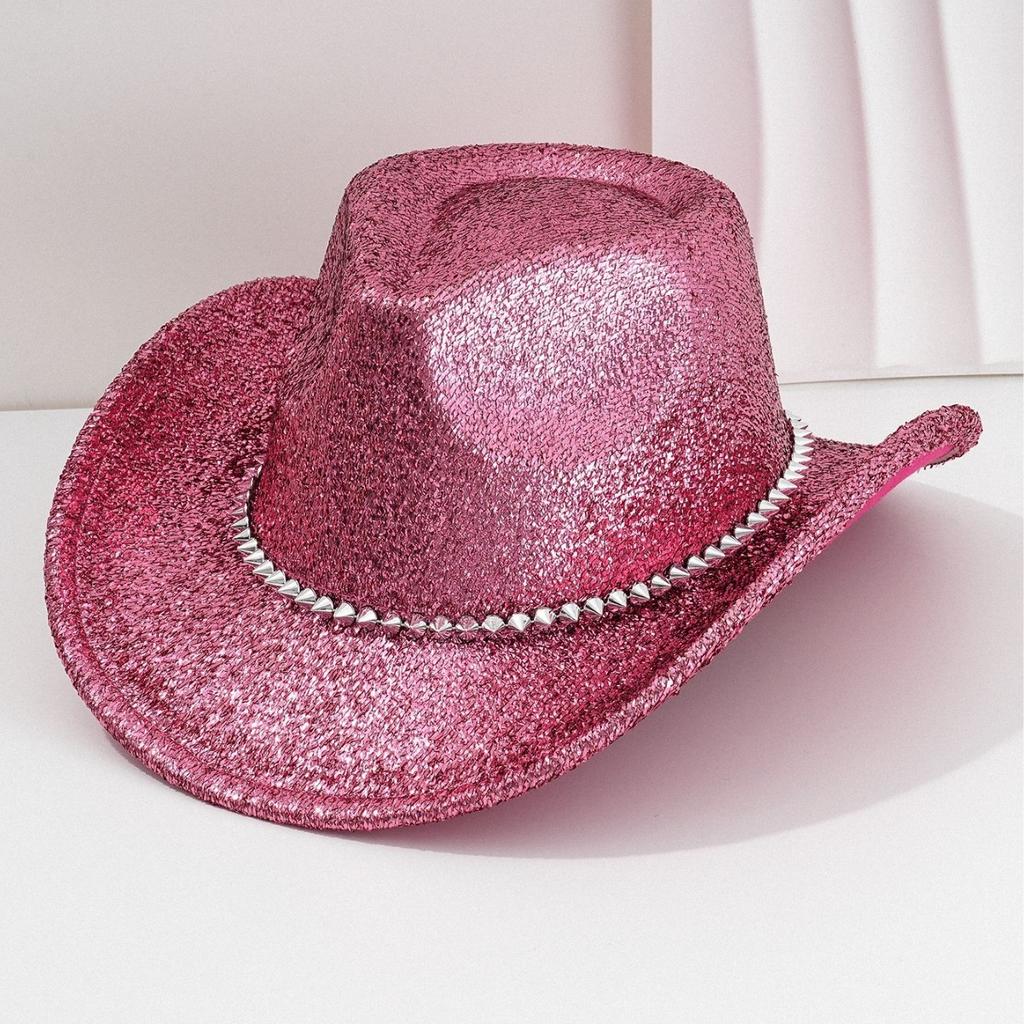Men's and Women's Fashionable and Elegant Top Hat Western Cowboy Hat Metal Three-dimensional Rivet Rhinestone Accessories Wedding Travel Hat