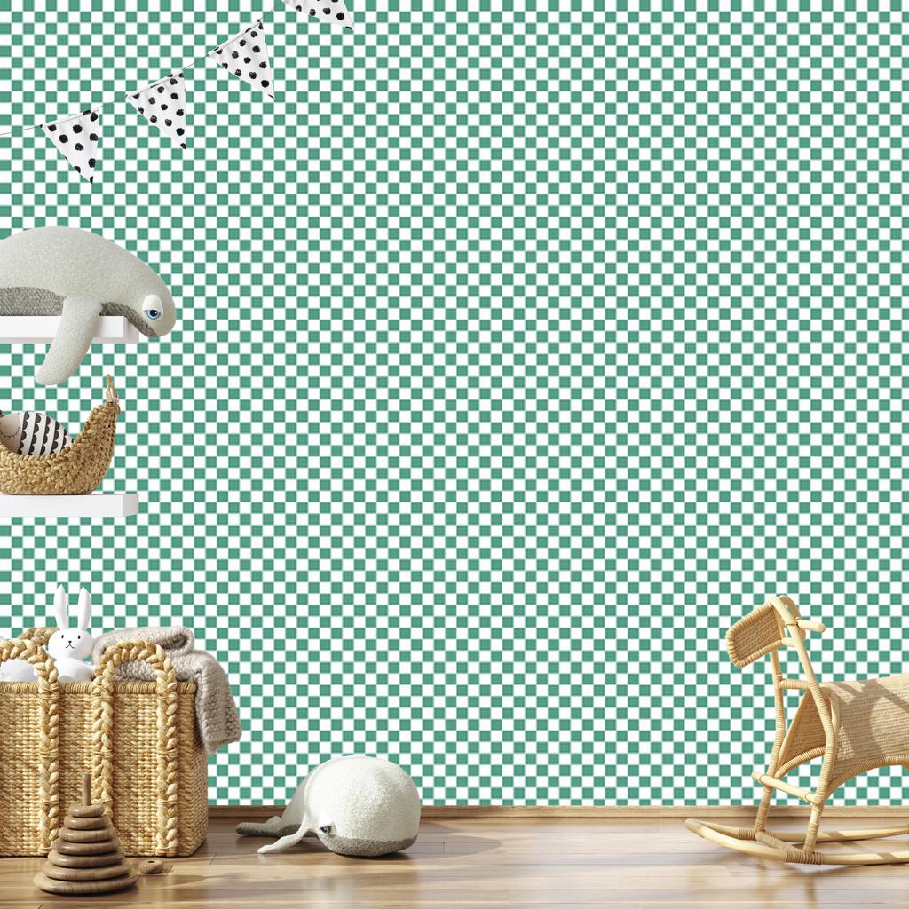 Checkerboard wallpaper in teal, white, mint and light gray 50x1000