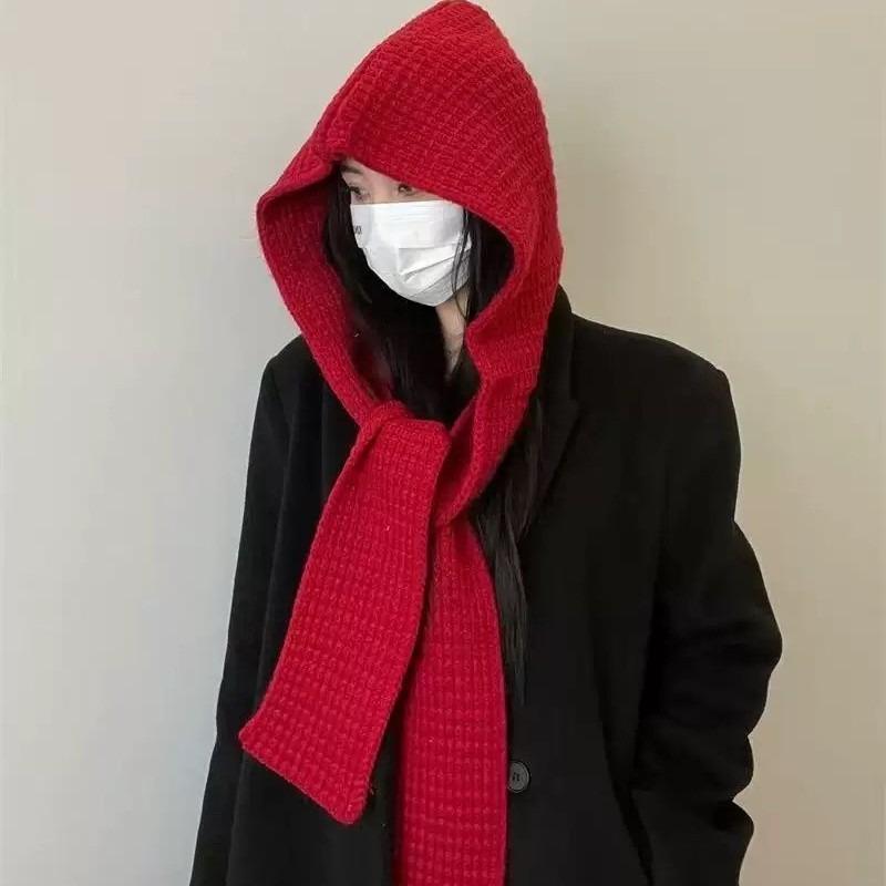 Autumn and winter dual-purpose hooded shawl hat scarf integrated women's two-piece set solid color warm scarf wool knitted hat