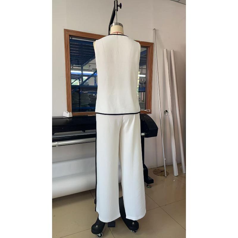 Casual Women Blocking Loose Sleeveless Button Vest Elastic Waist Wide Leg Pants Two Peice Set Summer V Neck Ladies Outfit
