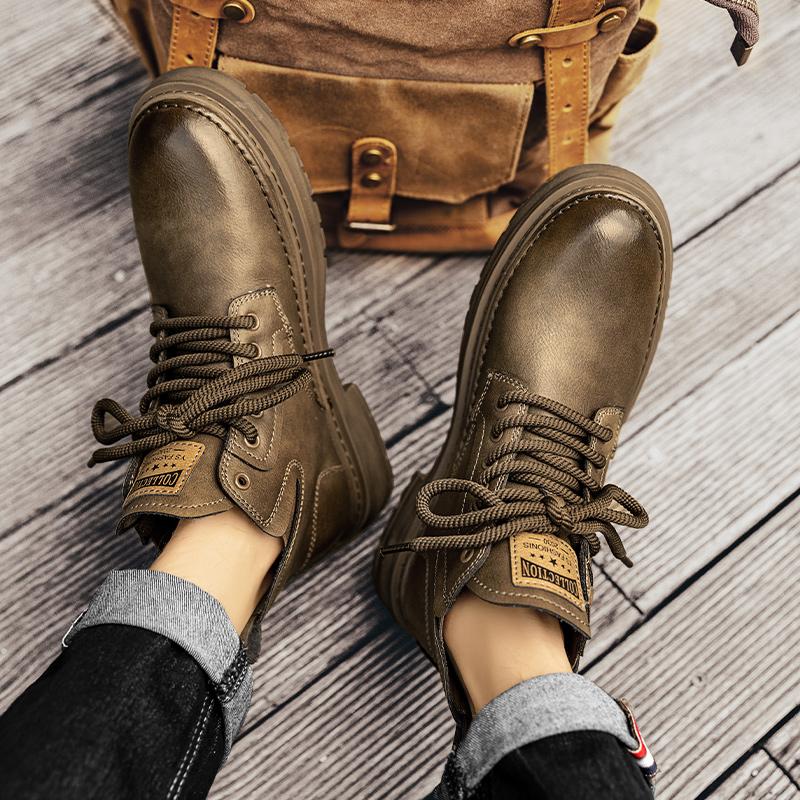 Fashion Men's Fashion Trends Brown Leather Boots Outdoor Walking Mountaineering Travel Thick Bottom Ankle Boots Comfort Durable Boots