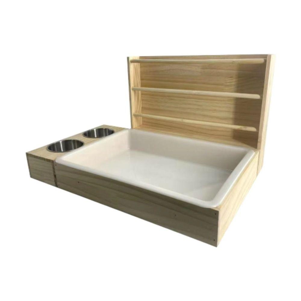 Multifunctional Rabbit Hay Feeder with Litter Box 3 in 1 Bunny Feeding Manger Wooden Wet and Dry Separation