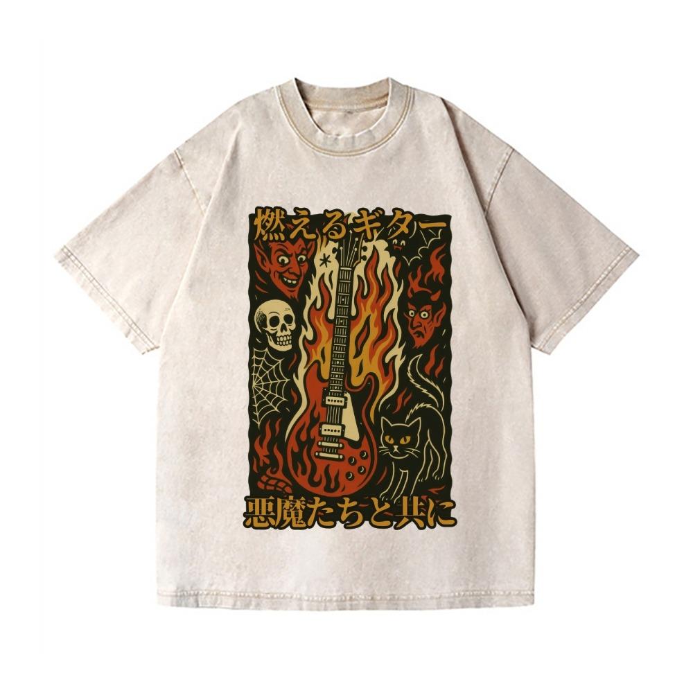 Halloween Fashion Summer Tees Vintage Flame Guitar Skull Wash Japanese Design TShirt Kpop Clothes Korean Gothic Tops