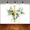 2D Elegant Gold Cross & Eucalyptus Backdrop for Christian Celebrations