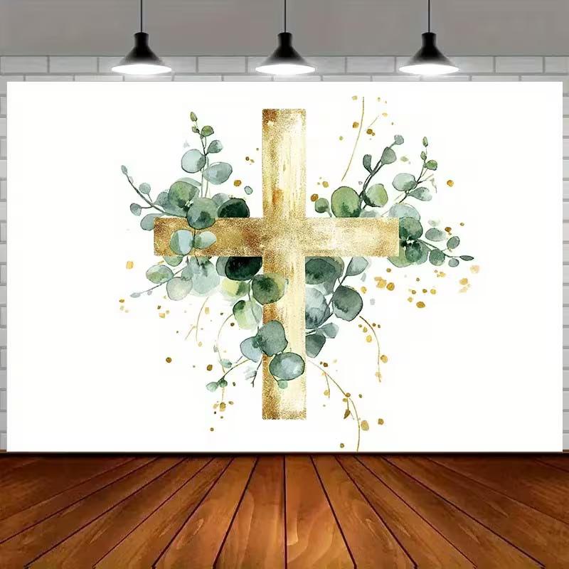 

2D Elegant Gold Cross & Eucalyptus Backdrop for Christian Celebrations 47.2x31.5inch/120*80cm