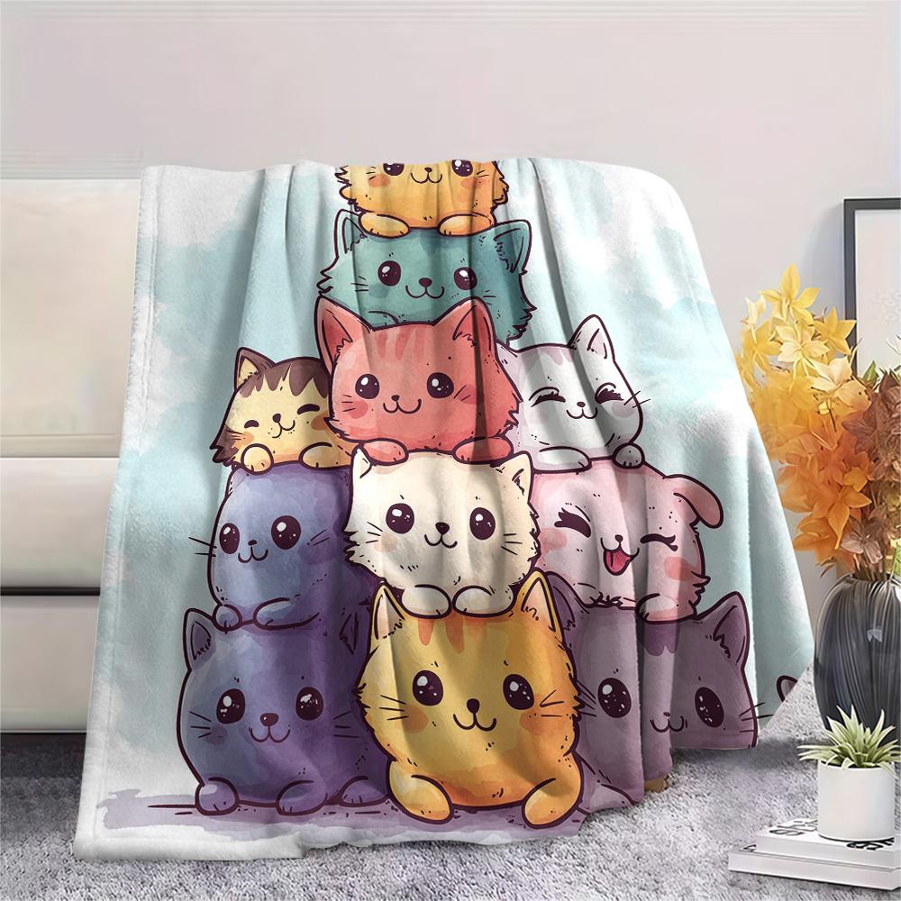 Stacked Cats Print Flannel Blanket, High quality Comfortable for All Seasons, Home Decor, Warmth and Comfort