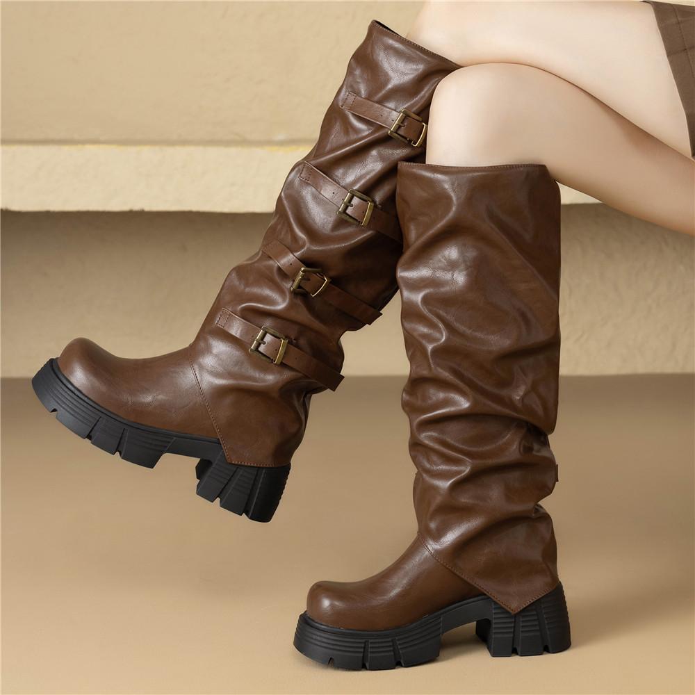 Women Platform High top Spring Fashion Designer Knee Chelsea Boots with Buckle Brand Party Black Brown
