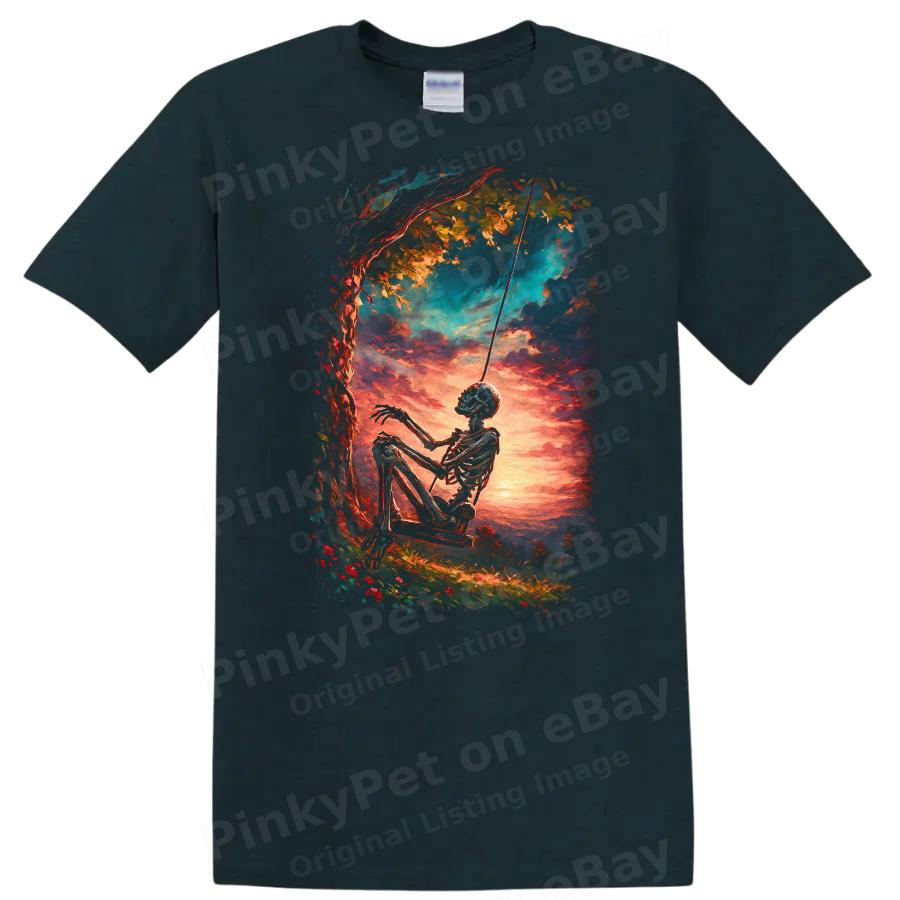 Skeleton on Swing Sunset Scene T Shirt Artistic Nature Tee Cute Gift Idea