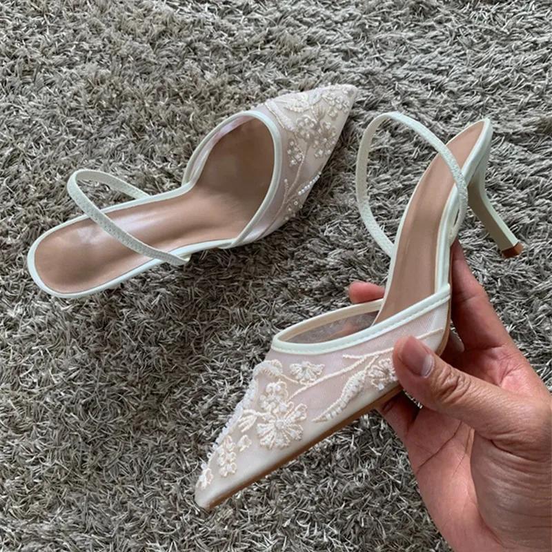 Sexy Pointed Toe String Bead Pumps Women Black Mesh Embroider Heeled Sandals Summer Elegant Party Shoe Zapatos De Mujer