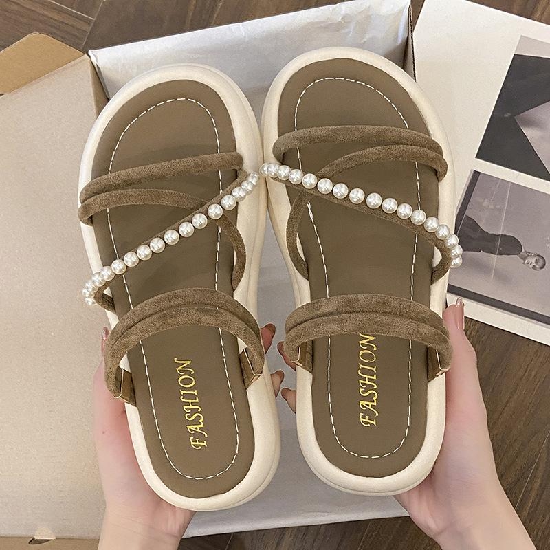 

Beautiful thick-soled cool slippers women s summer wear 2025 new models with skirts fairy wind beach sandals one-word drag 40 коричневый