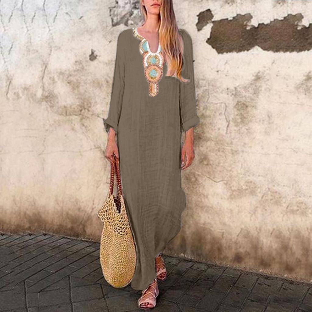 Women’s Printed Long Sleeve U-neck Maxi Dress Split Hem Baggy Kaftan Long Dress