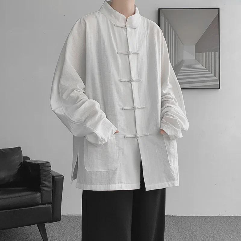 Men's Long-Sleeve Chinese Style Buttoned Linen Shirt Hanfu Tang Suit Plus Size Jacket