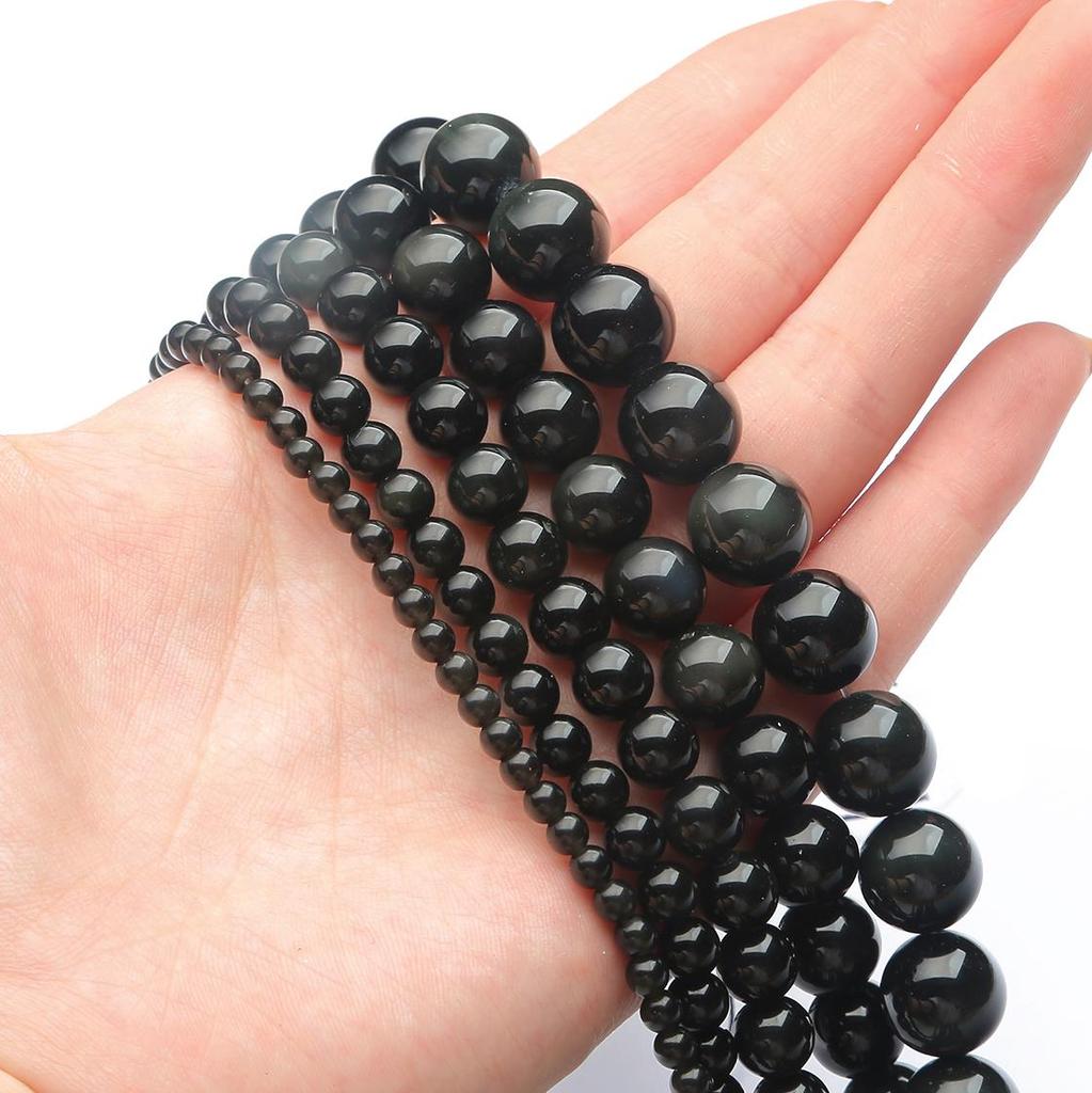 Perline Distanziali In Ossidiana Nera Dorata Naturale 4mm - 90 Pezzi Su Filo Da 39,4 Cm Per Creazione Gioielli Fai Da Te