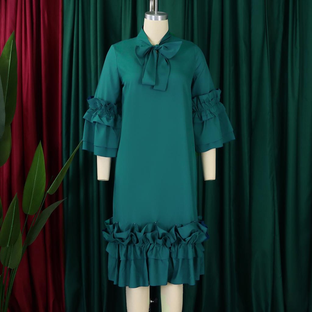 Elegant Office Dresses Women Bow Collar Ruffles Sleeve Straight Mid Calf Fashion Formal Female Business Work Wear Dress Midi Hot